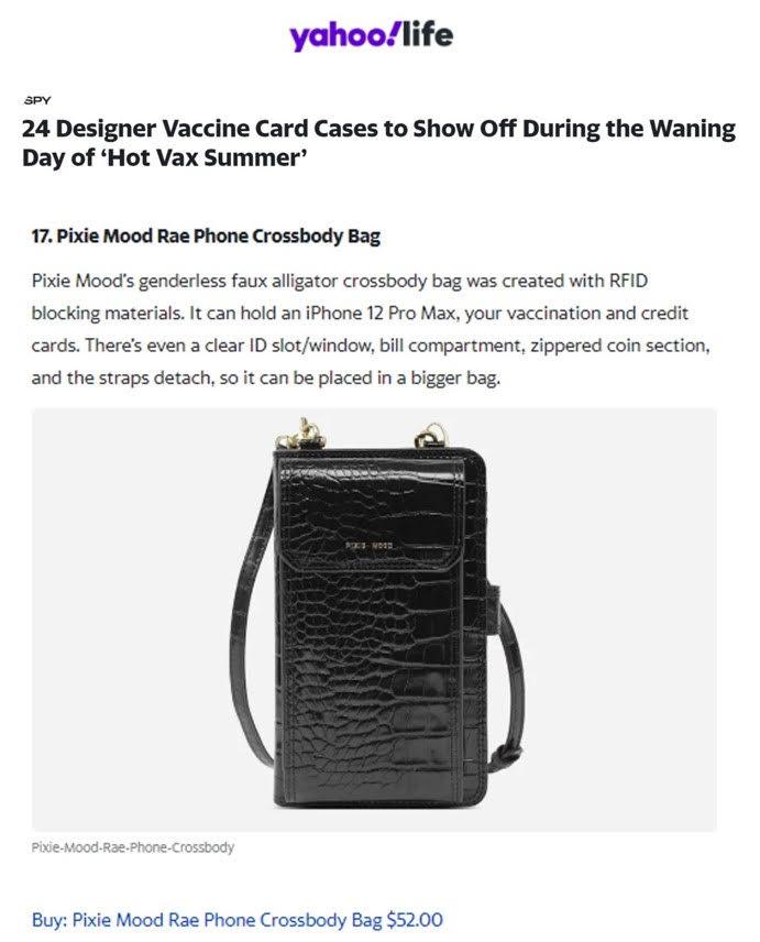 Yahoo: 24 Designer Vaccine Card Cases to Show Off During the Waning Day of ‘Hot Vax Summer’ - Pixie Mood Vegan Leather Bags